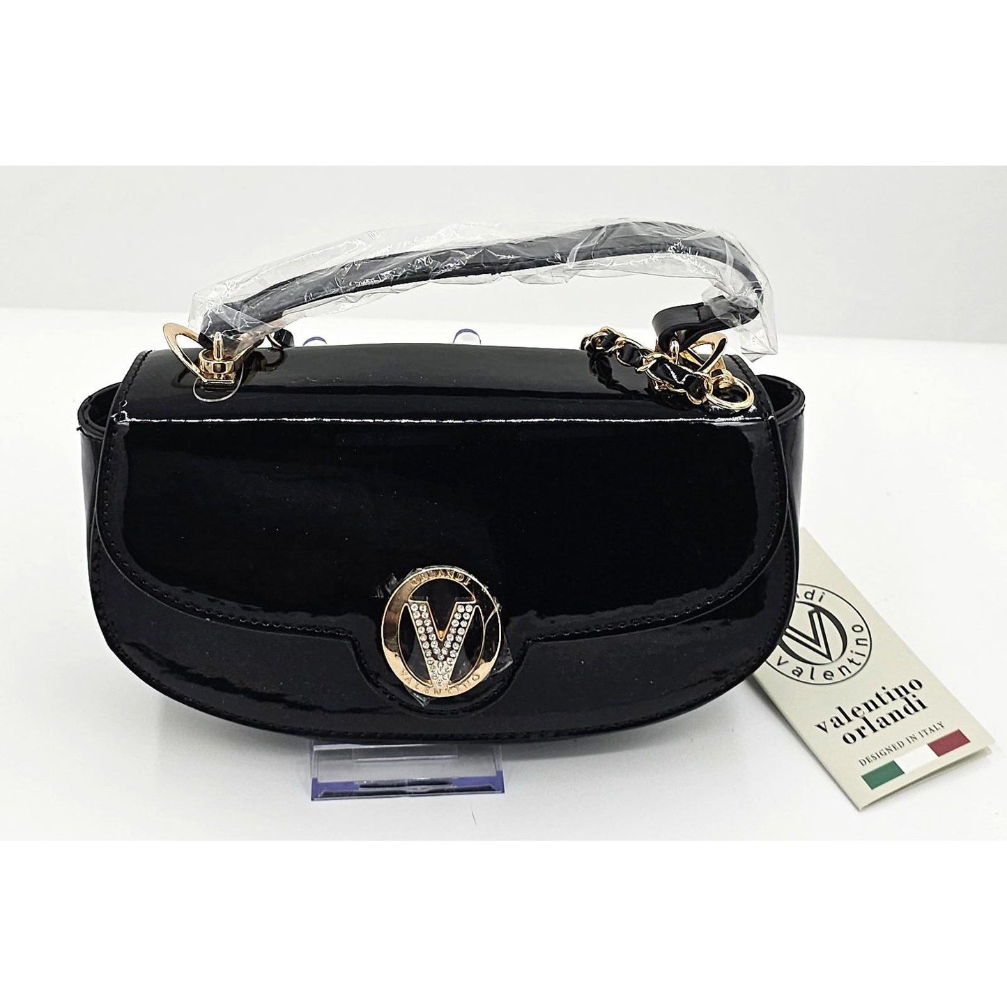 Glossy Black Valentino Orlandi Mini Bag with Chic Gold Chain