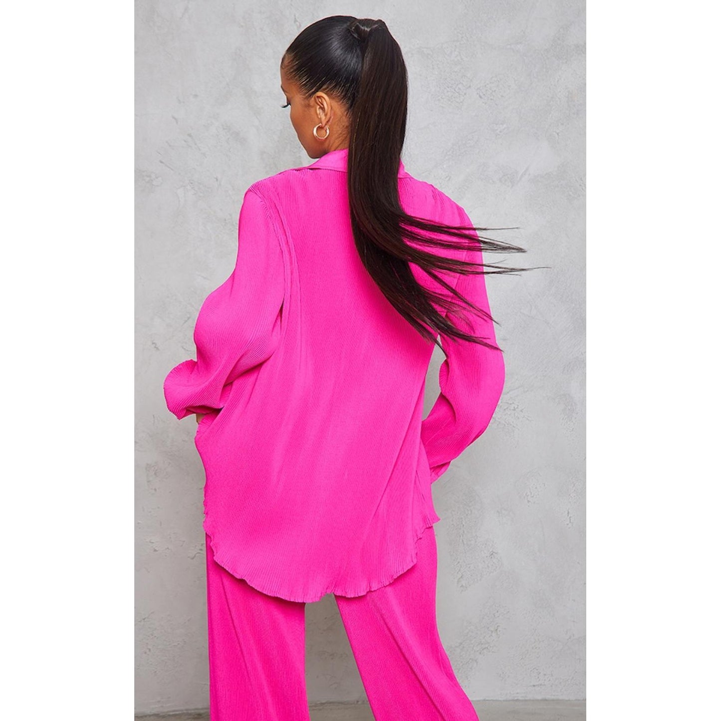 Prettylittlething Hit Pink Plisse Button Front Oversized Shirt/10