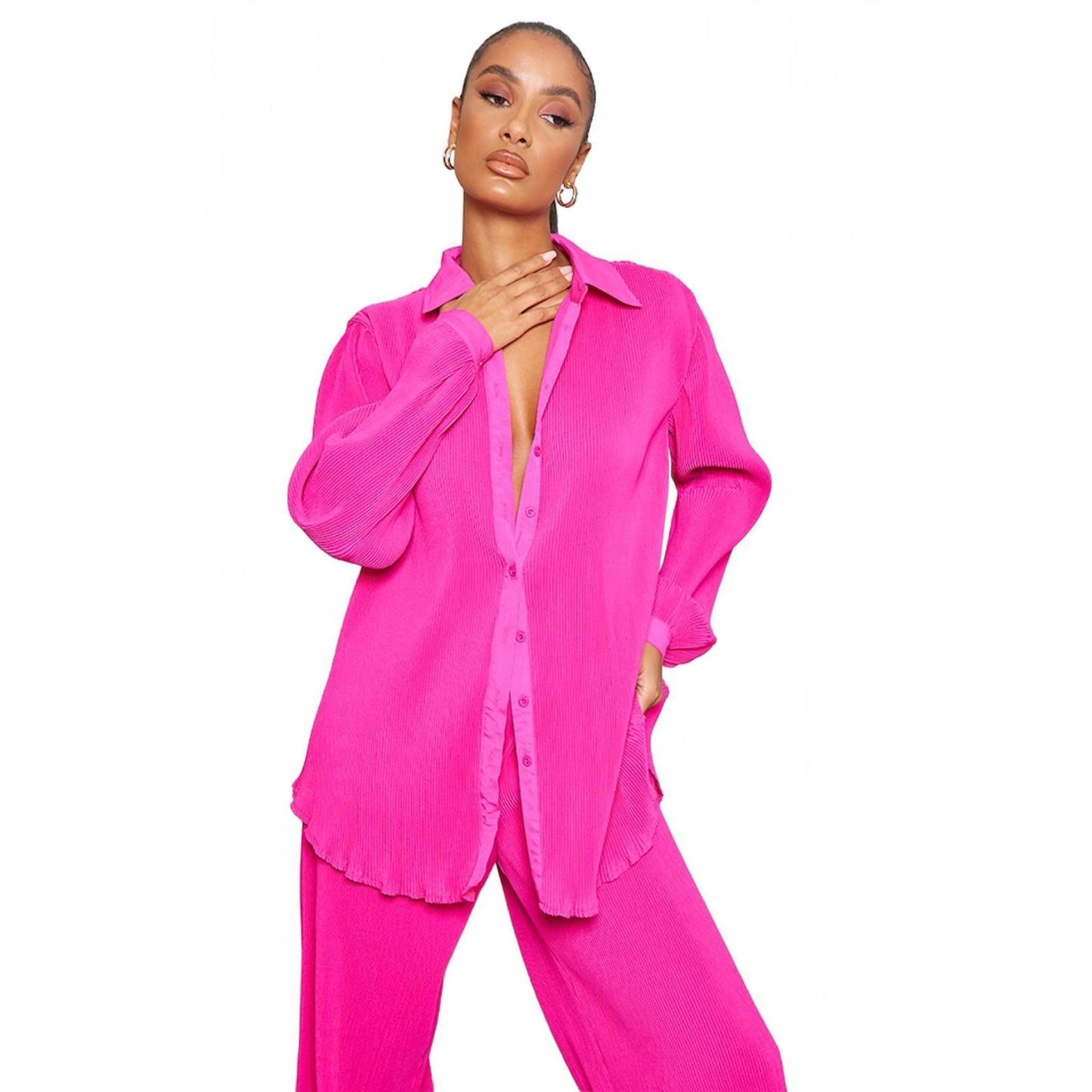 Prettylittlething Hit Pink Plisse Button Front Oversized Shirt/4