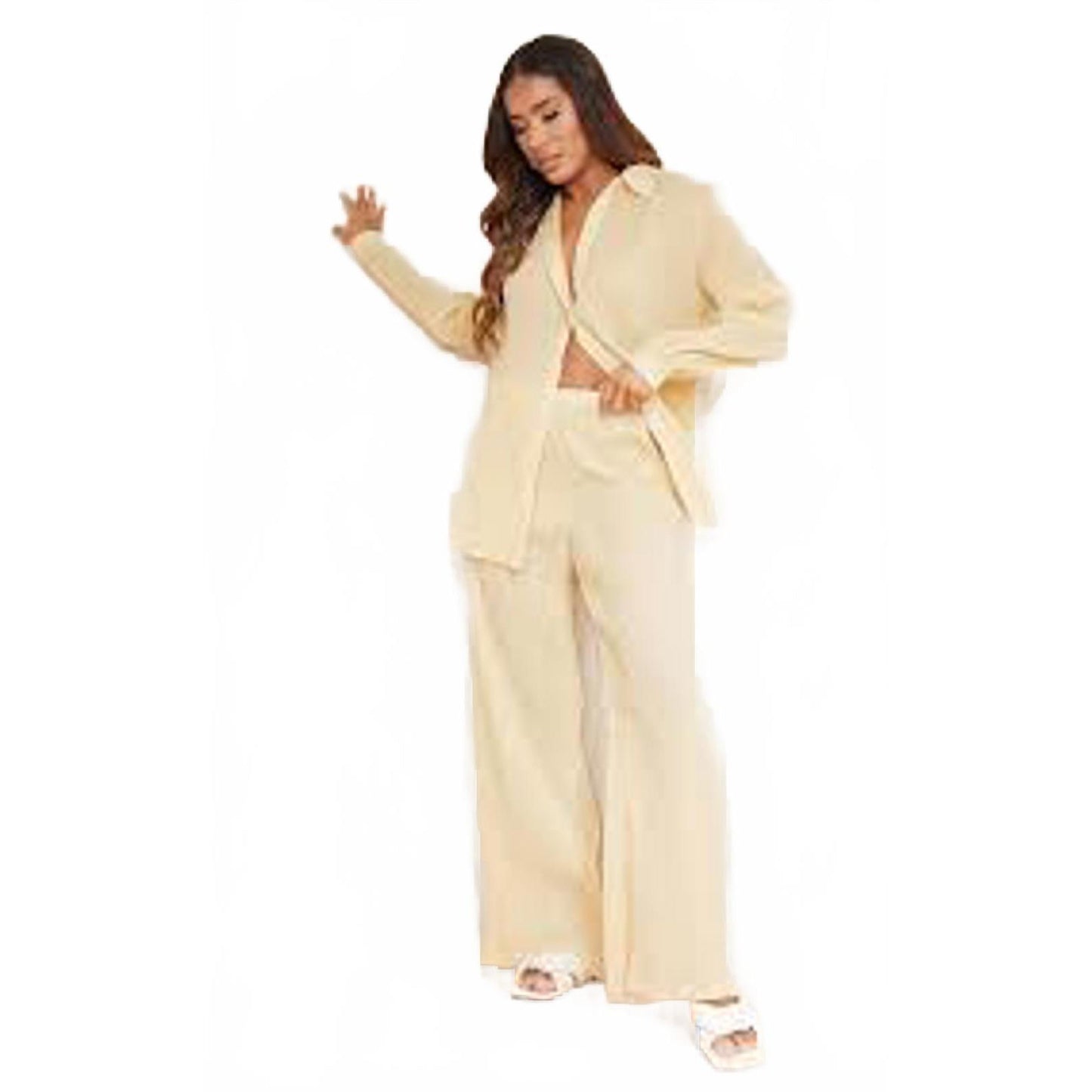 PrettyLittleThing Cream Plisse High Waisted Wide Leg Trousers/8