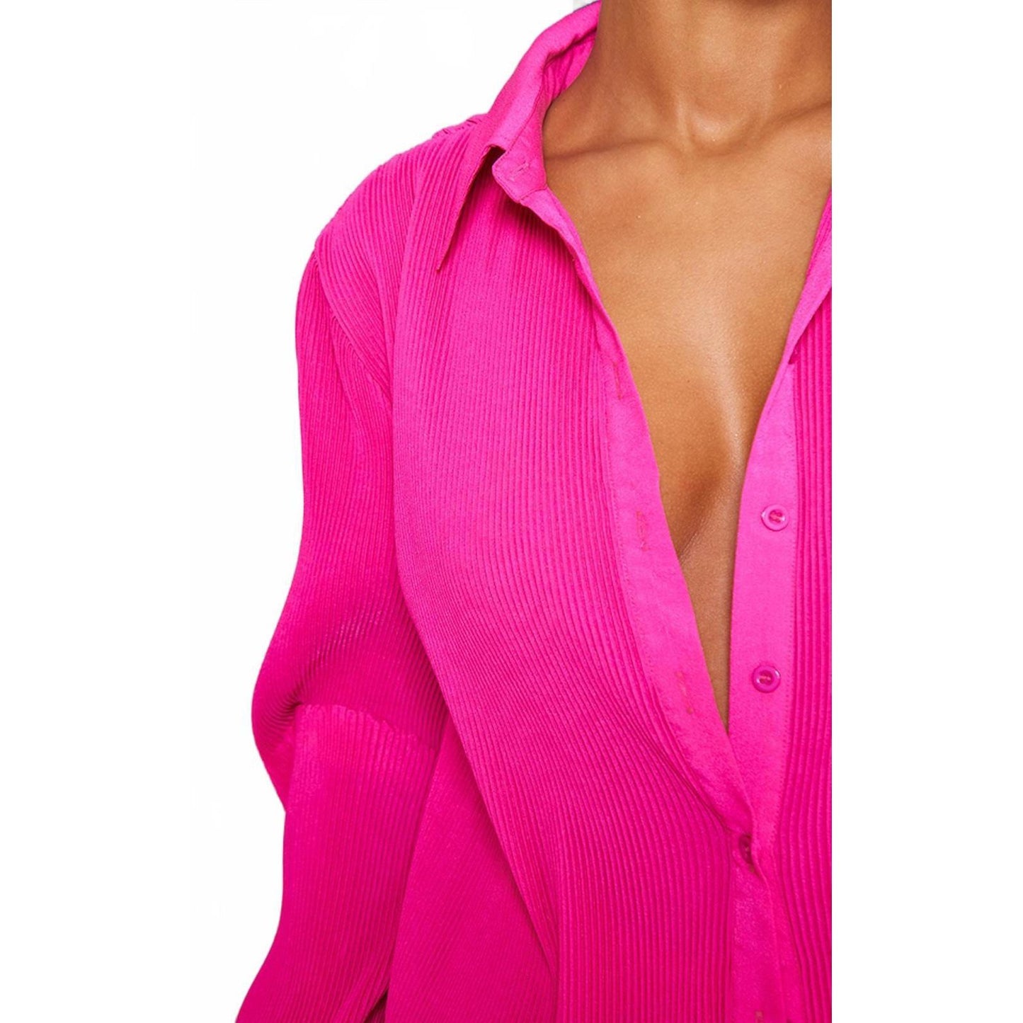 Prettylittlething Hit Pink Plisse Button Front Oversized Shirt/4