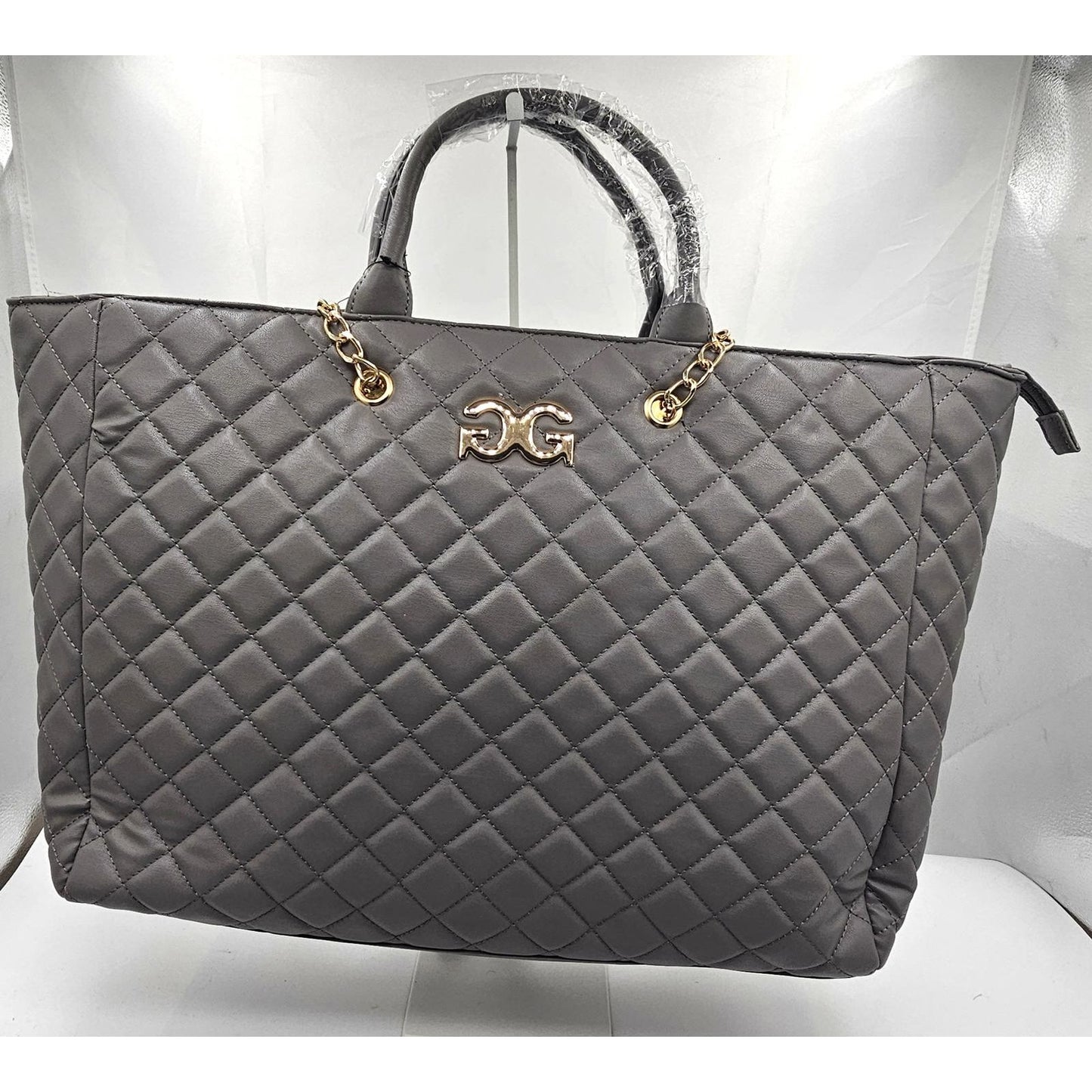 Gilda Paris Quilted Gray Tote Bag with Gold Chain Handles