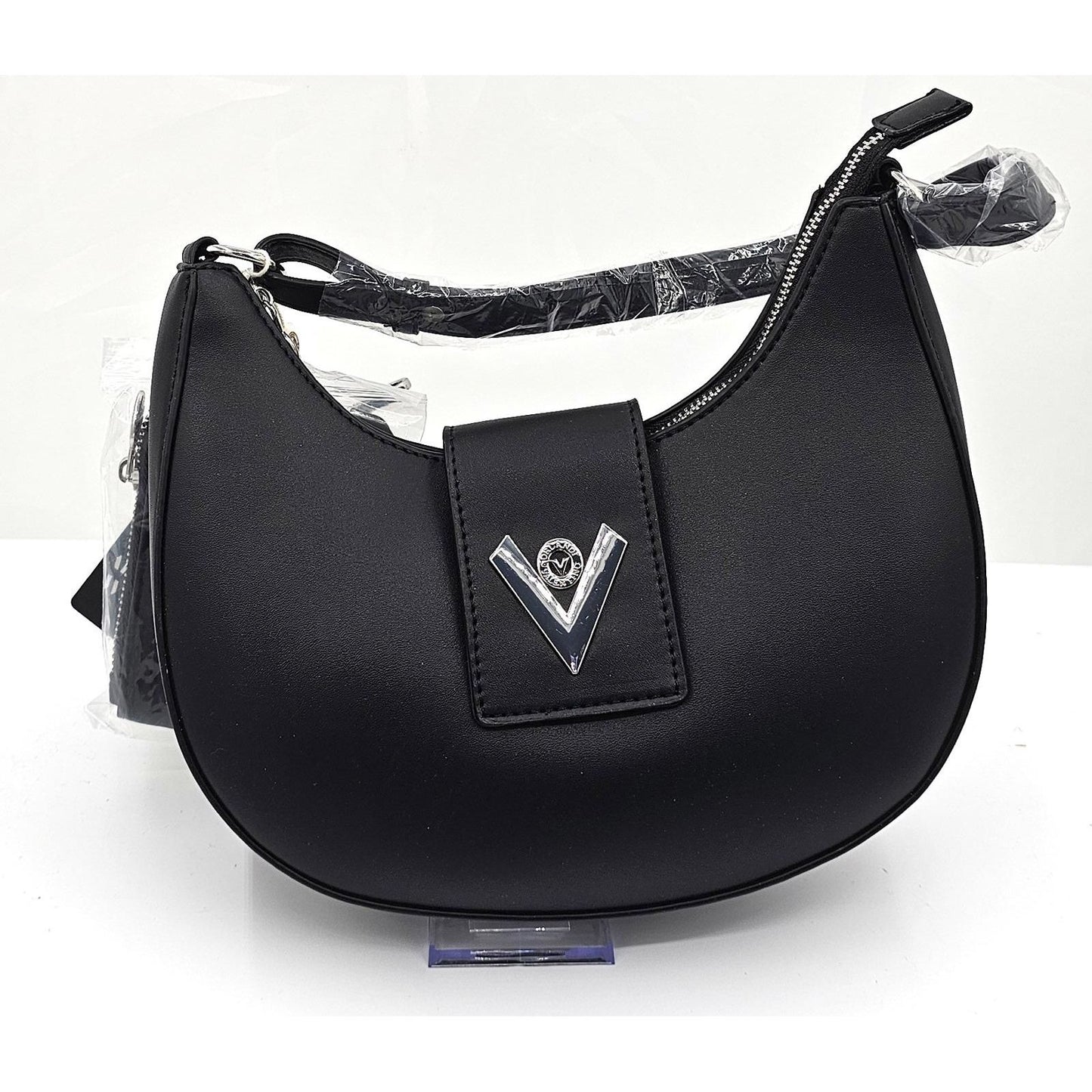 Valentino Orlandi Sleek Black Crescent Shoulder Bag with Chic Silver V Accent