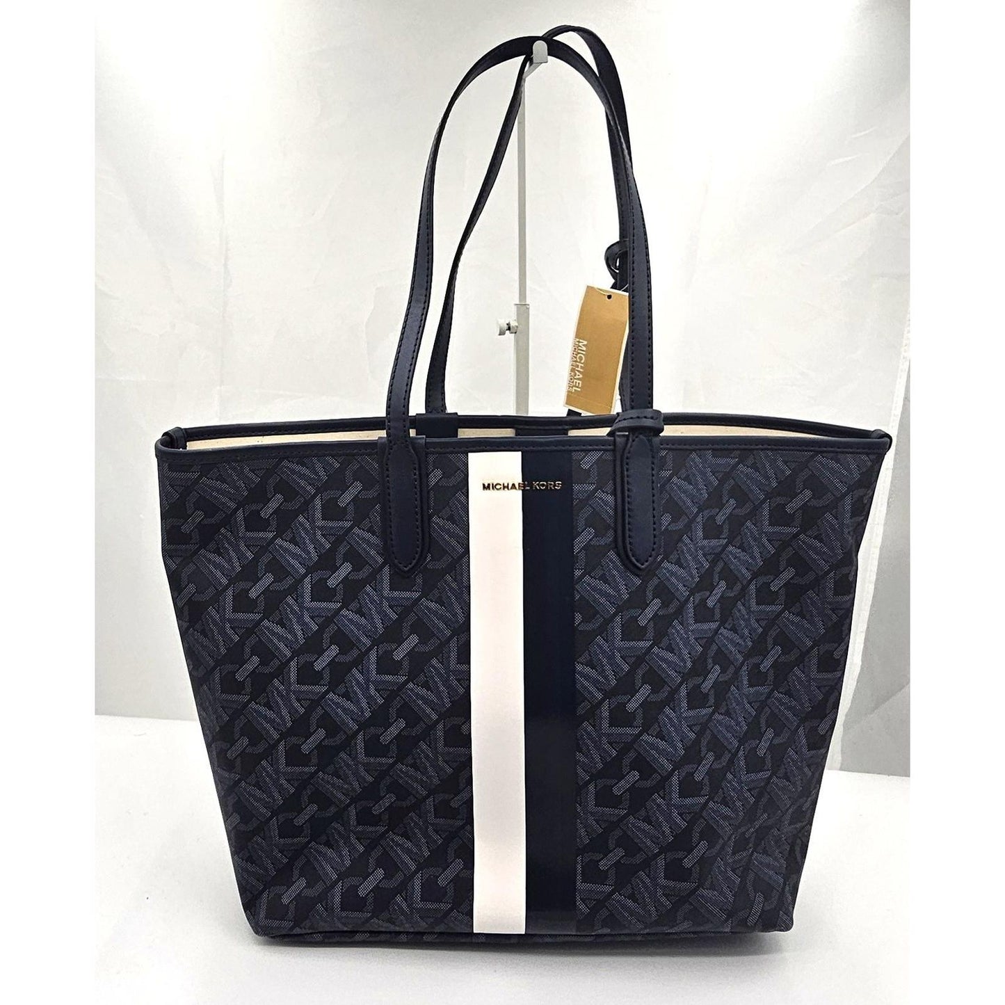 Michael Kors Navy Logo Stripe Tote Bag with Matching Pouch