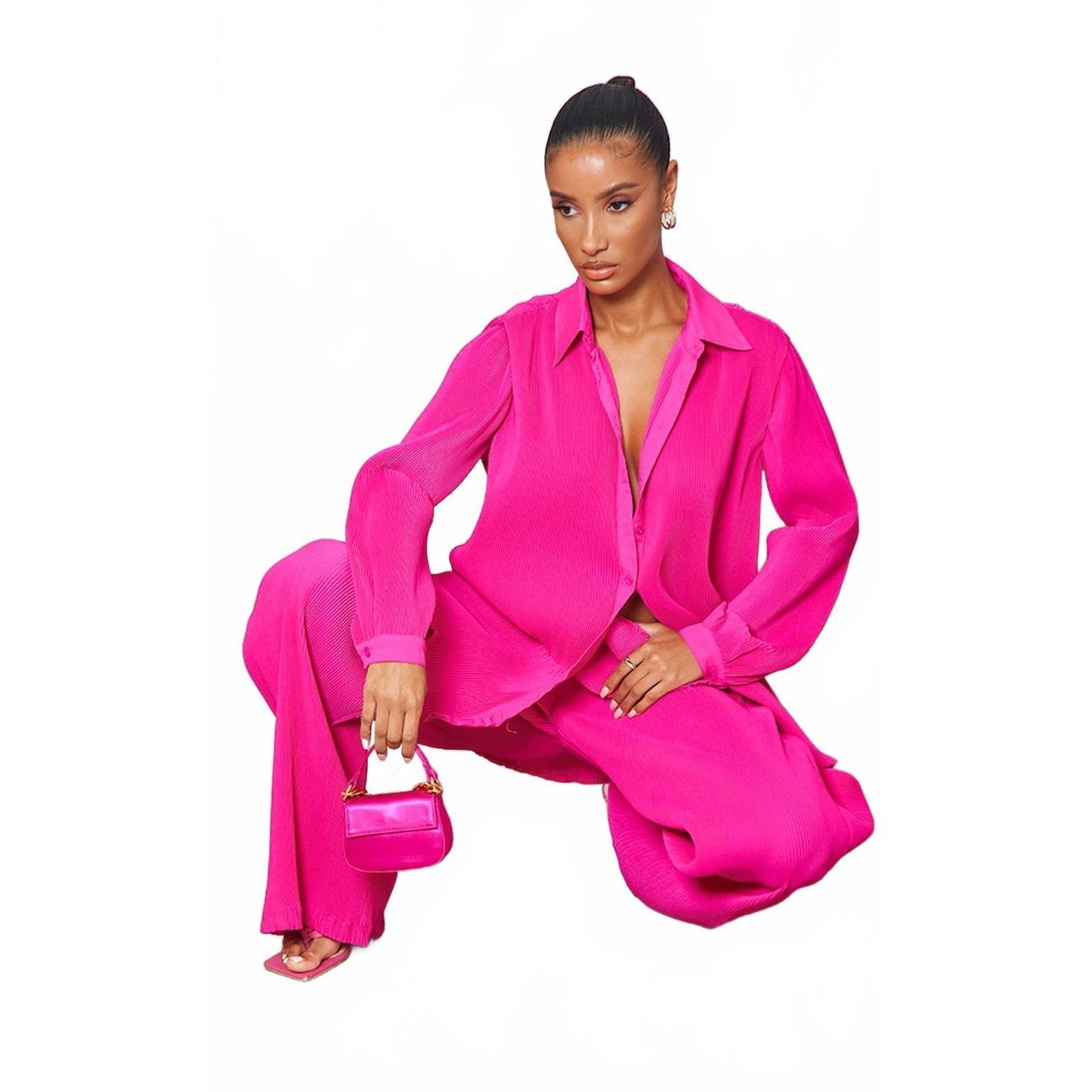 Prettylittlething Hit Pink Plisse Button Front Oversized Shirt/4