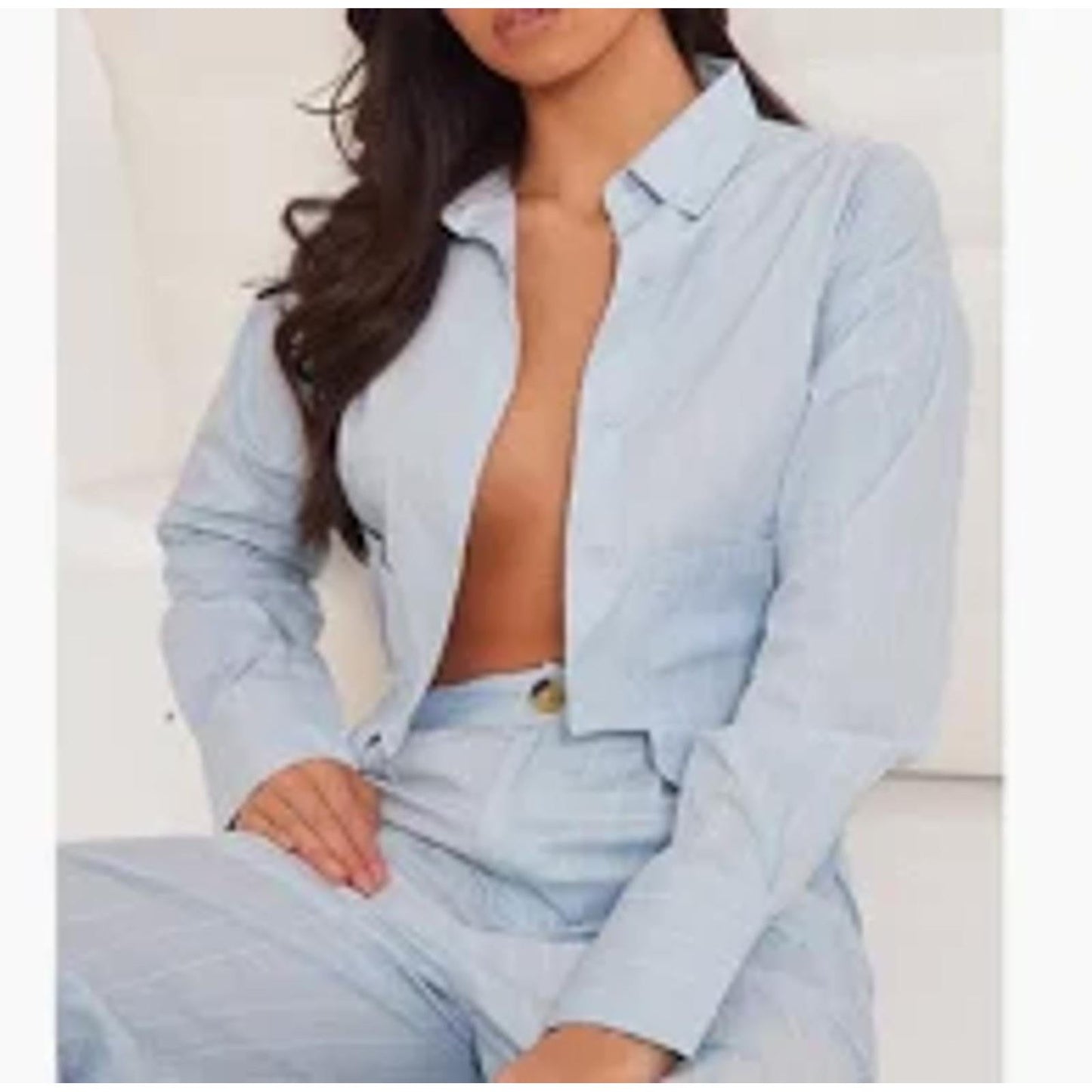 Prettylittlething Bue Poplin Pinstripe Pocket Detail Cropped Shirt/10