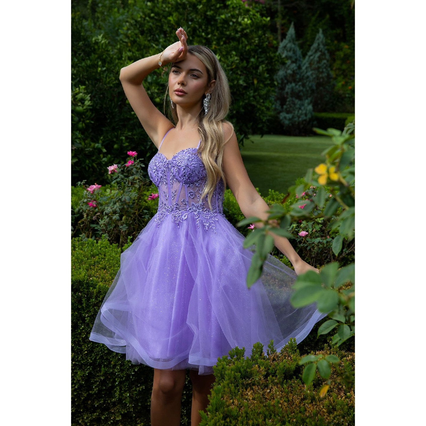 Floral Embroidery Embellished Glitter Mesh Sweetheart Neckline A-Line Homecoming Dress-5