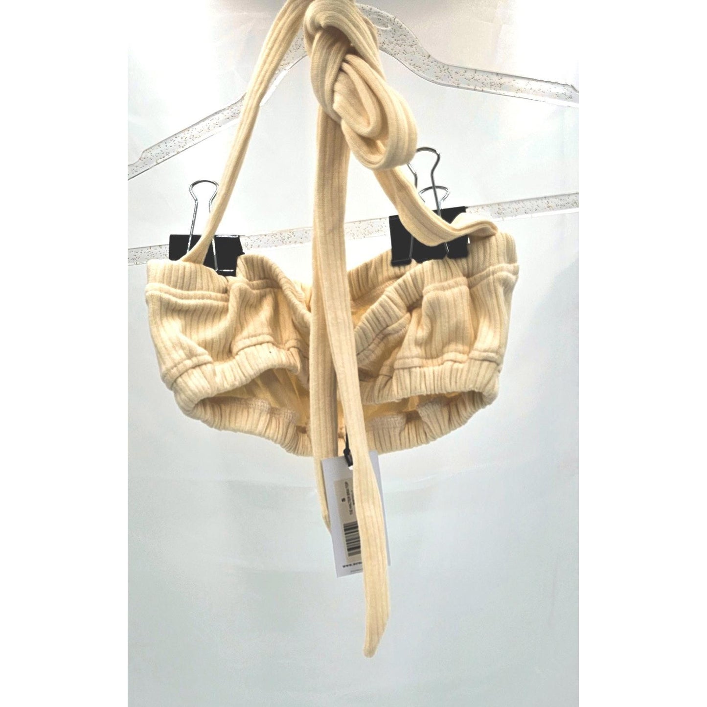 PrettyLittleThing Cozy Ribbed Halter Crop Top - Beige Bliss S
