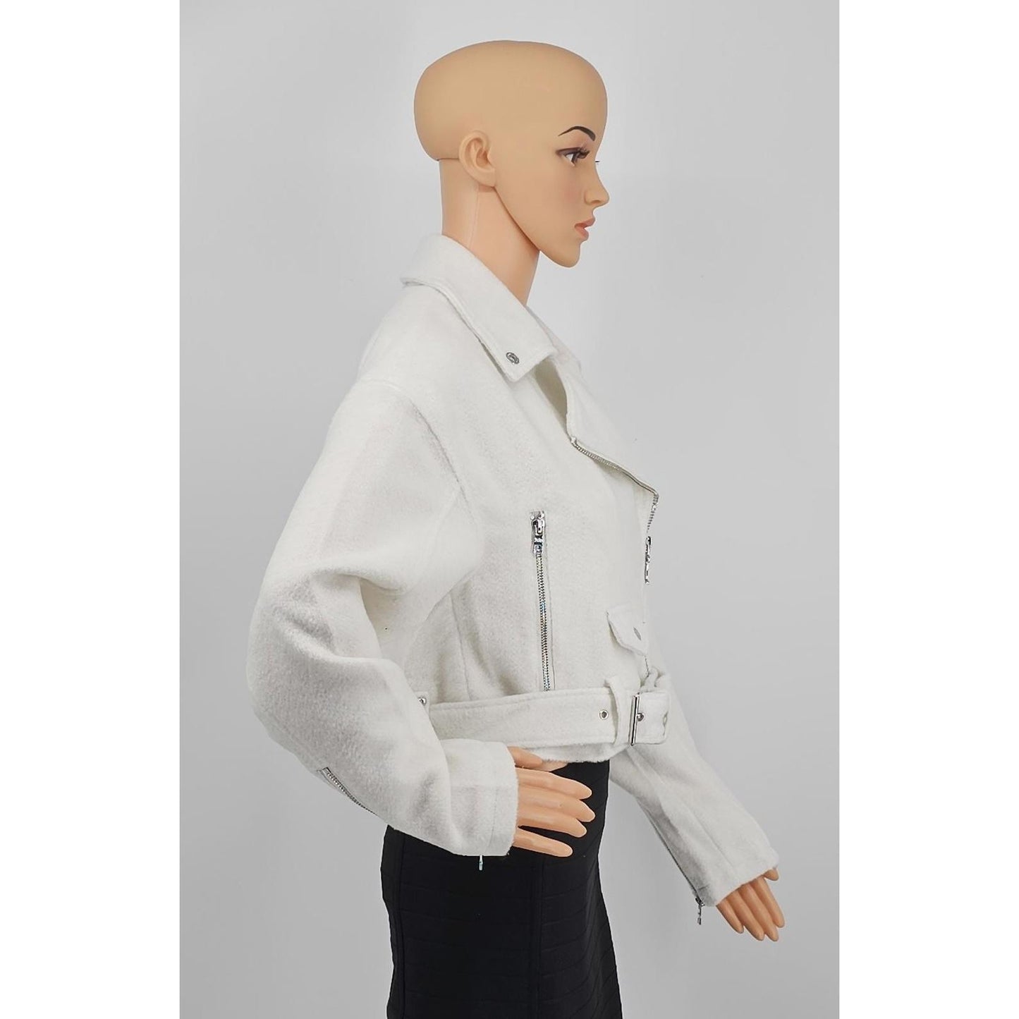 Chic White Faux Leather Moto Jacket with Belt/M