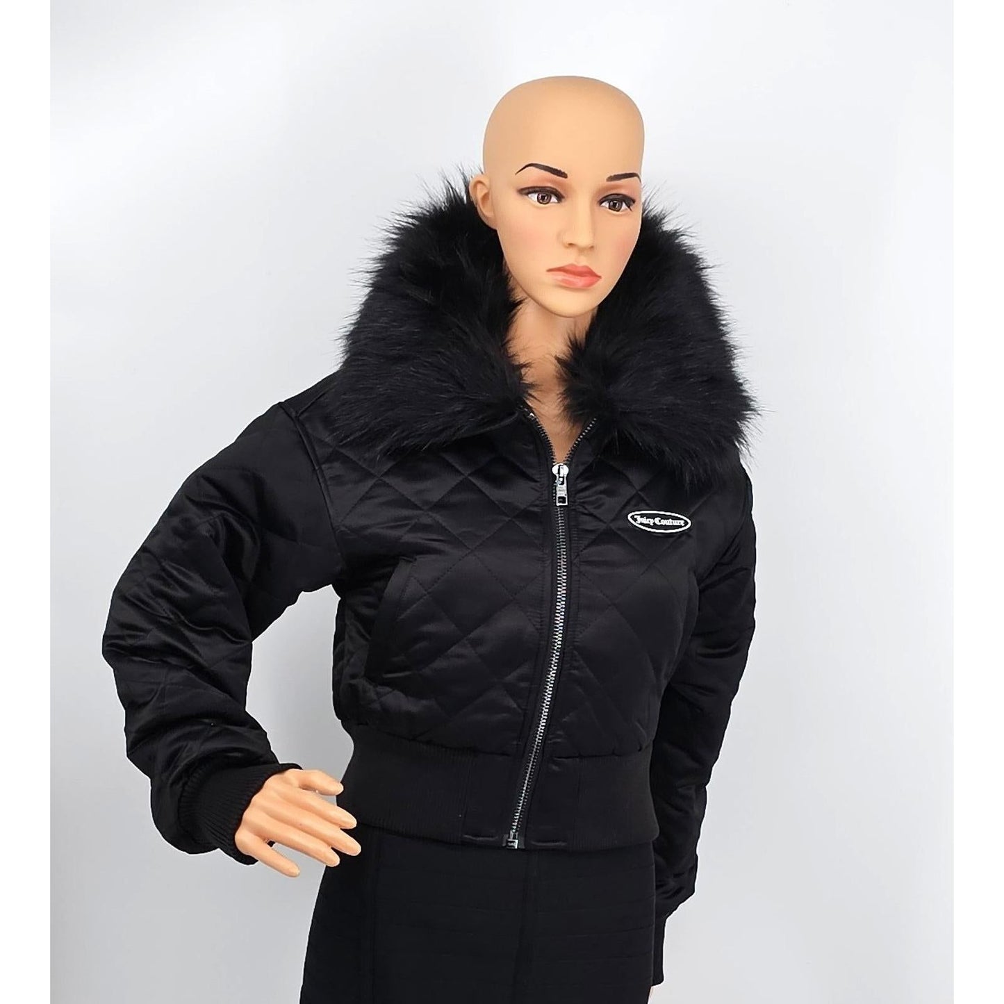 Juicy Couture Aviator Black Quilted Bomber Jacket with Faux Fur Collar/XS