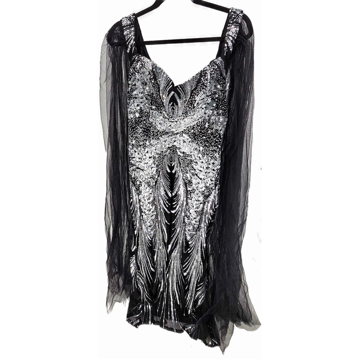 Faeriestyle Sequined Black Evening Dress with Dramatic Sheer Sleeves/XL