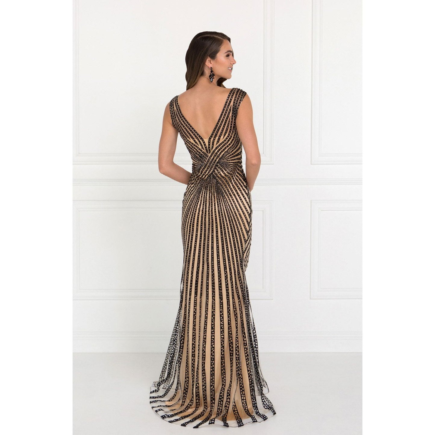 V-Neck Floor Length Dress with Rhinestone on Stripe-4