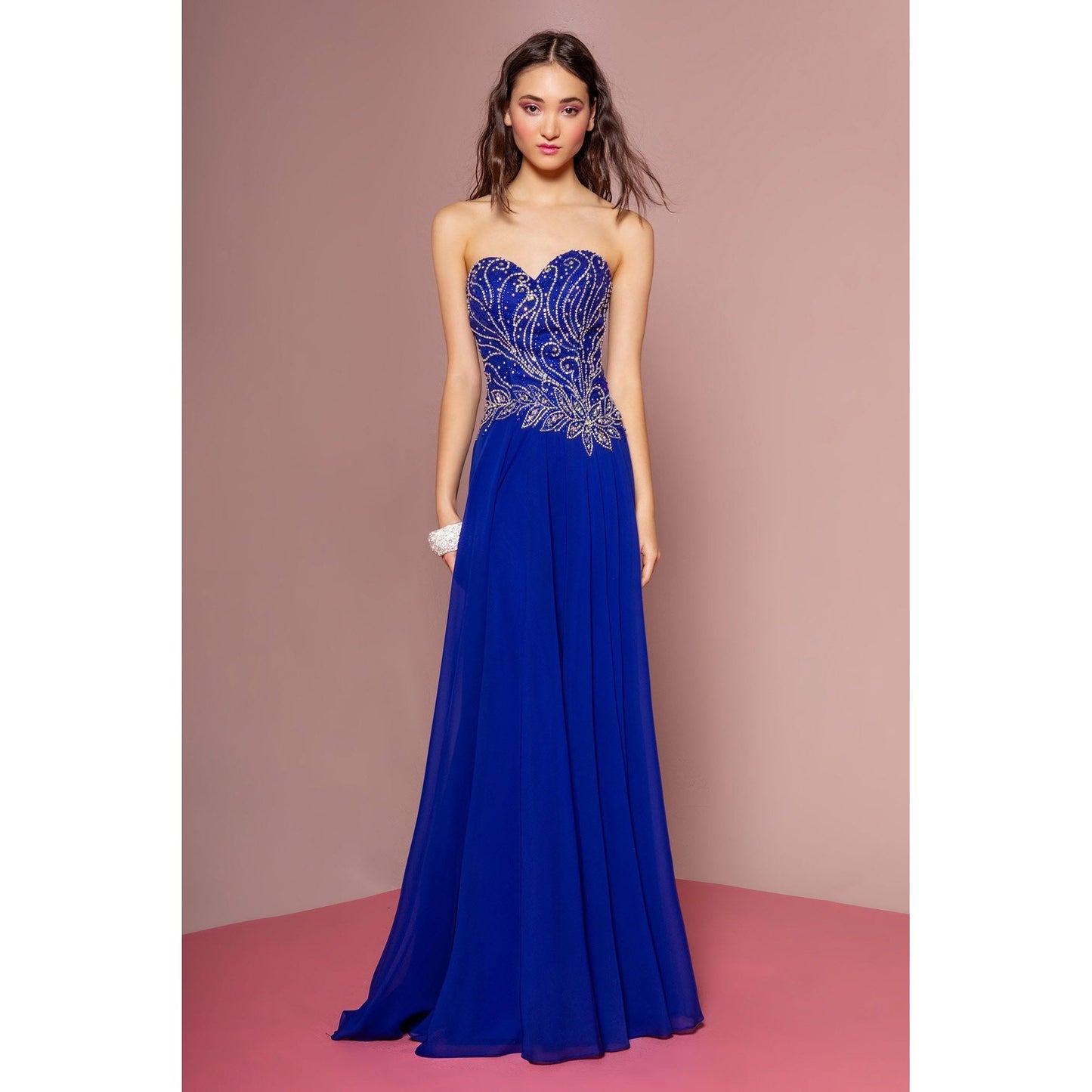 Strapless Sweetheart Chiffon Long Dress with Jewel Embellished Bodice-2