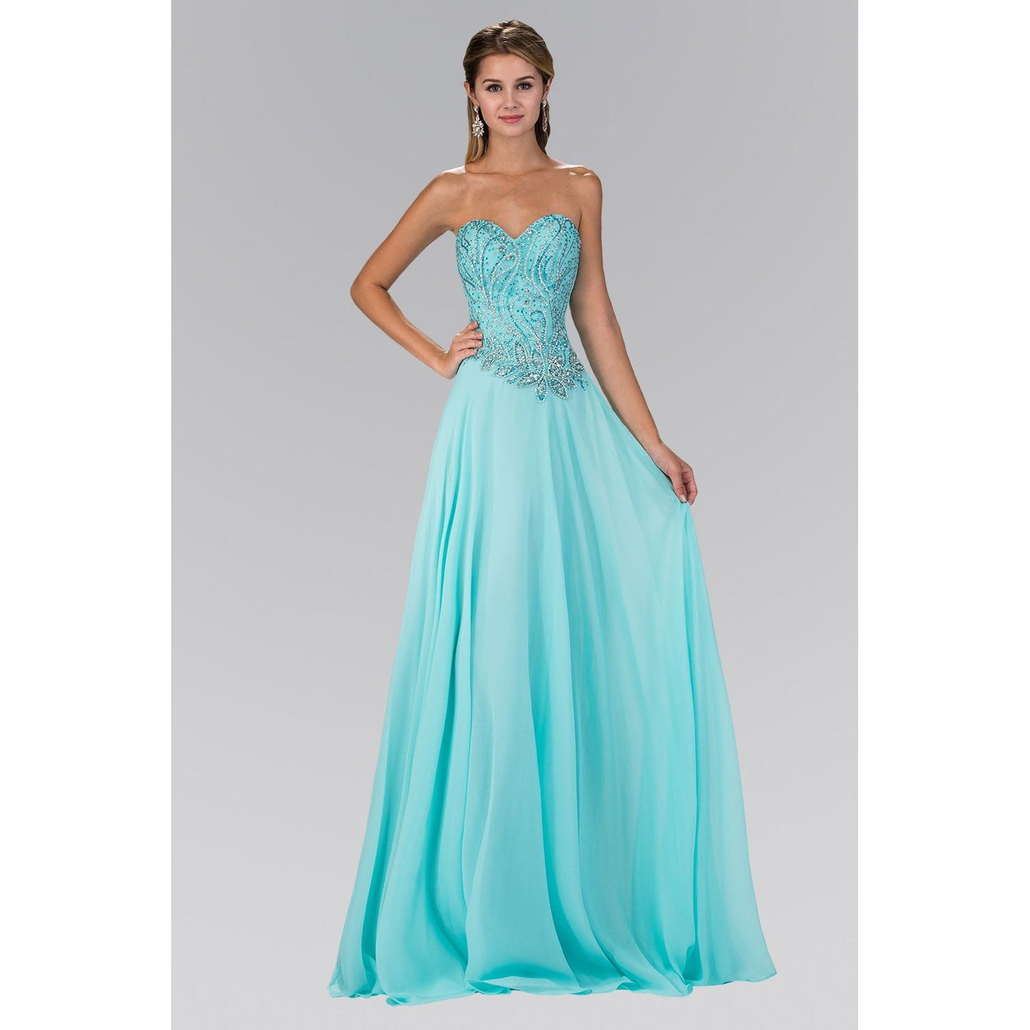 Strapless Sweetheart Chiffon Long Dress with Jewel Embellished Bodice-0