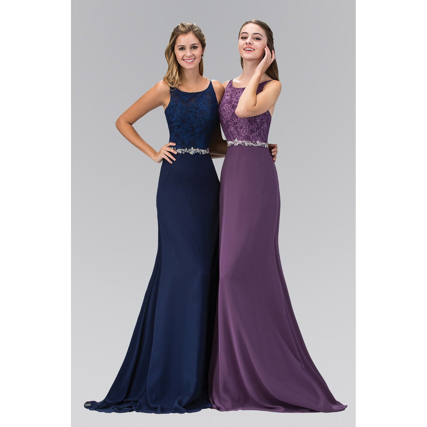 Chiffon Floor Length Dress Accented with Jewel Waistband-6
