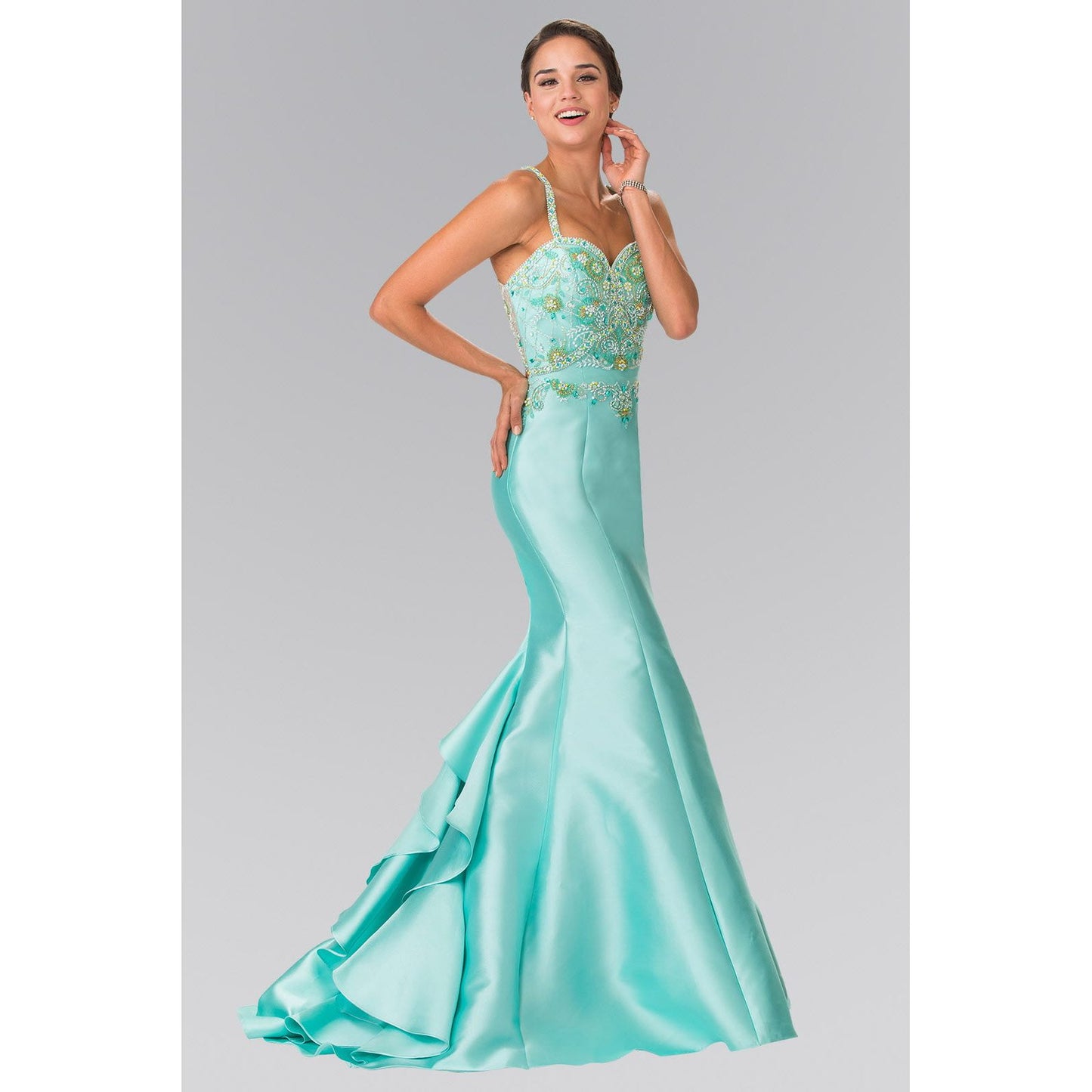 Ruffle-Back Sweetheart Mikado Dress Accented with Beading Details-0