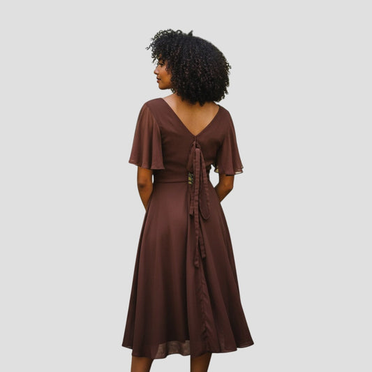 Flowy Cap Sleeved Tea Length Dress