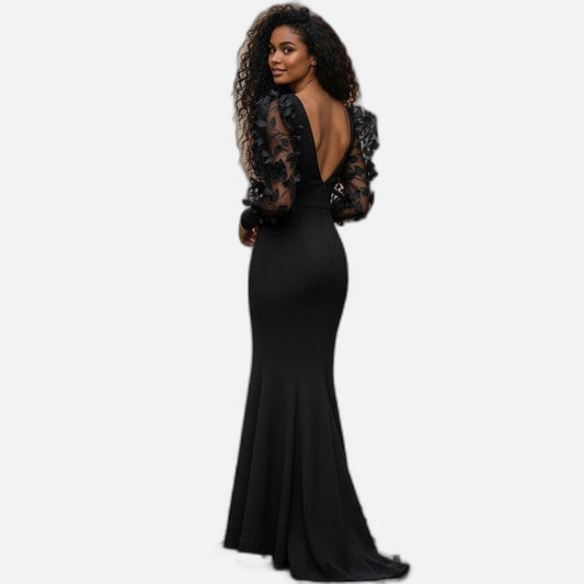 Gothic Glam Long Sleeve Dress with Floral Mesh Puff Sleeves