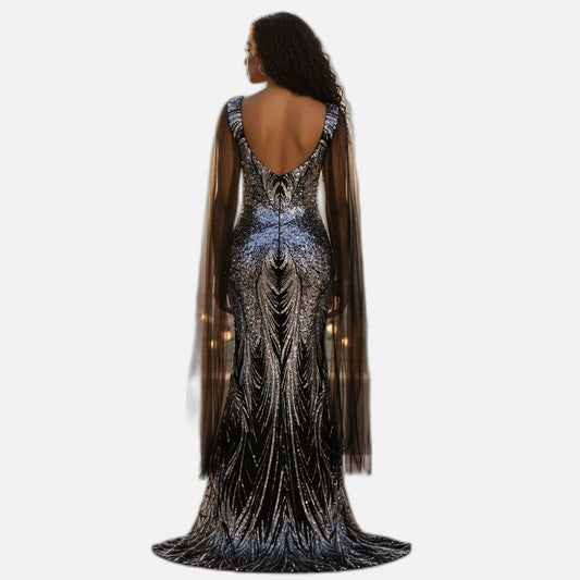 Sequined Evening Dress with Dramatic Sheer Sleeves