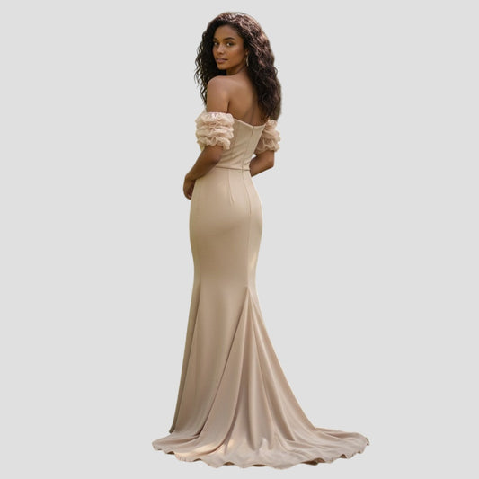 Chic Mirage: Flirty Off-Shoulder Goddess Gown
