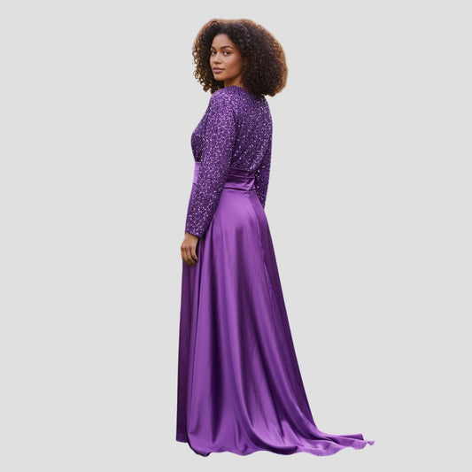 Dazzling Sequin & Satin Evening Gown - Long Sleeve Elegannce