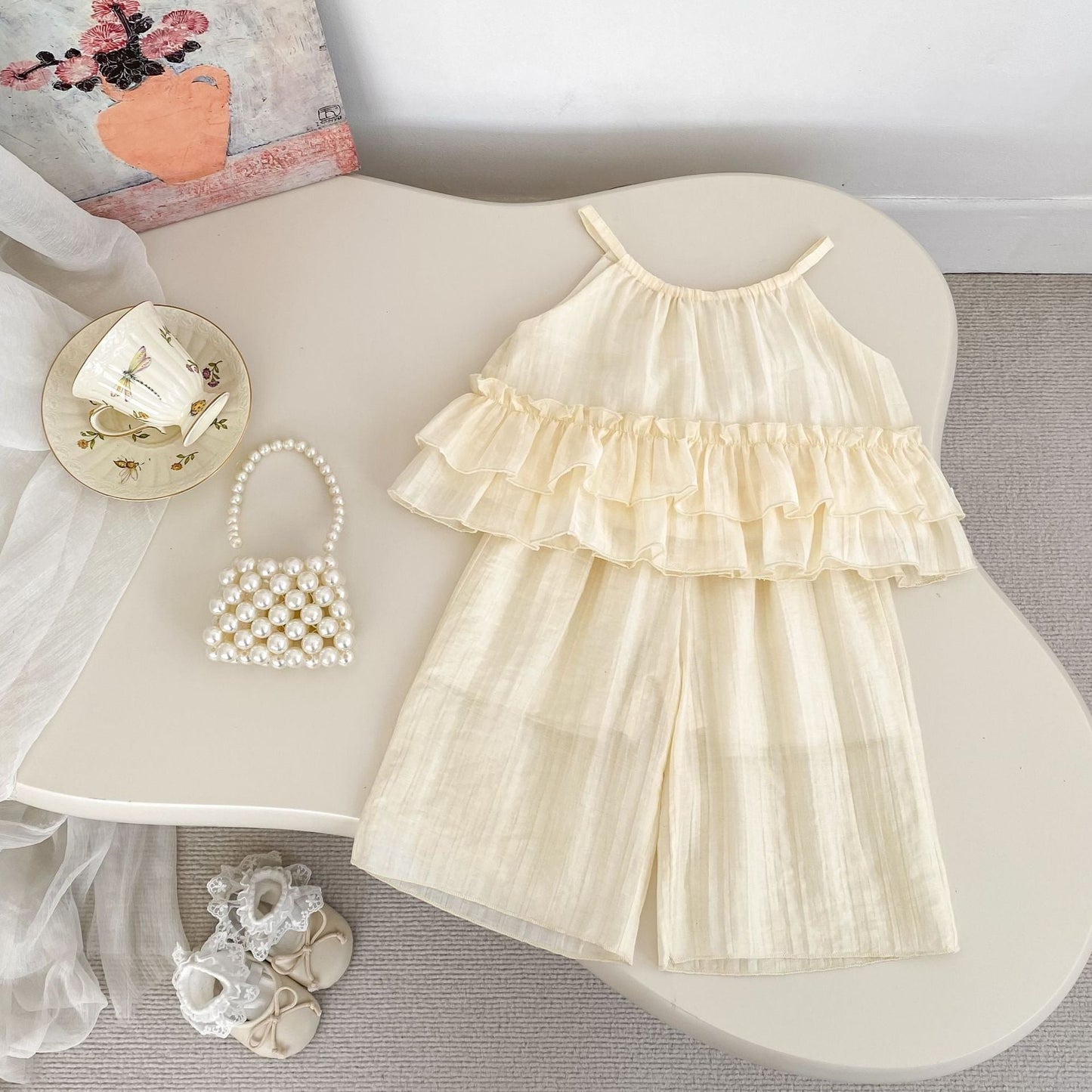Summer Baby Kids Solid Color Sleeveless Top Ruffle Vest and Pants Clothing Set for Girls-2