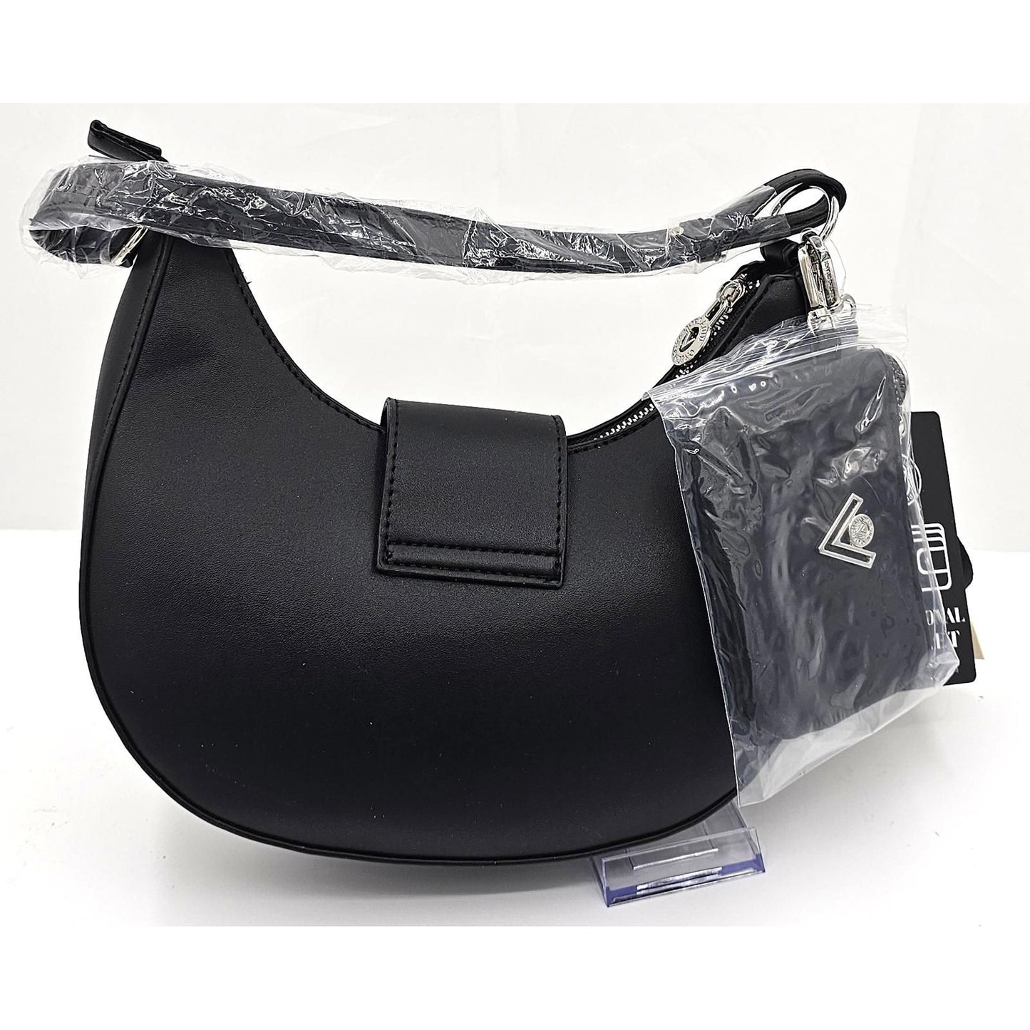 Valentino Orlandi Sleek Black Crescent Shoulder Bag with Chic Silver V Accent
