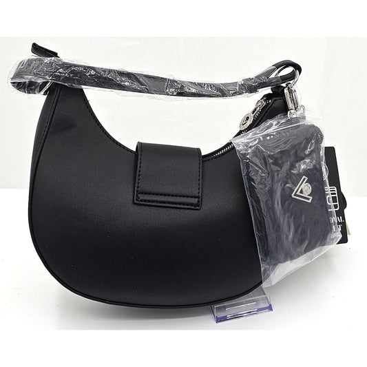 Valentino Orlandi Sleek Black Crescent Shoulder Bag with Chic Silver V Accent