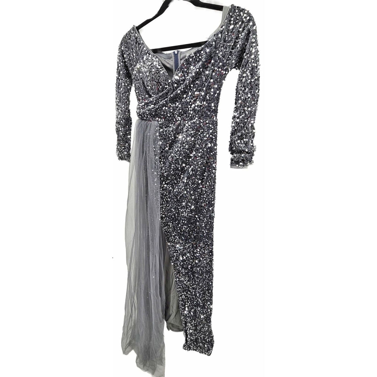 Faeriestyle Glamorous Silver Sequin Long Sleeve Dress w/Flowing Tulle Accent/S