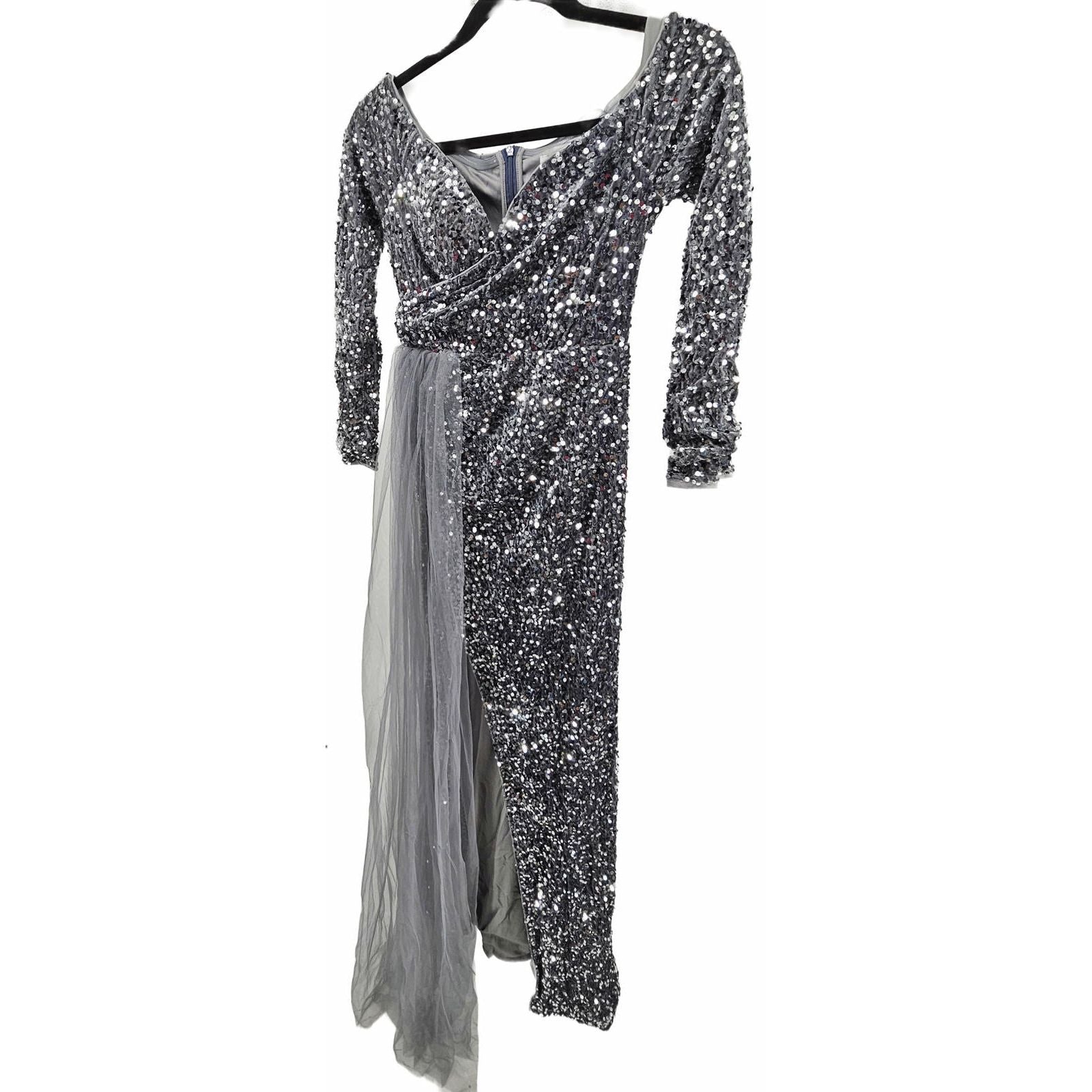 Faeriestyle Glamorous Silver Sequin Long Sleeve Dress w/Flowing Tulle Accent/S
