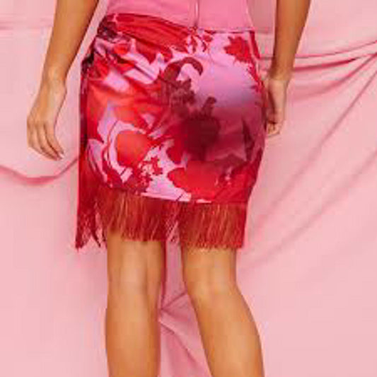 Prettylittlething Red Marble Print Tassel Wrap Skirt/12