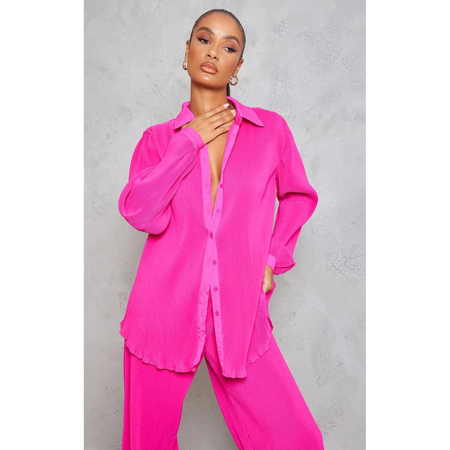 Prettylittlething Hit Pink Plisse Button Front Oversized Shirt/10