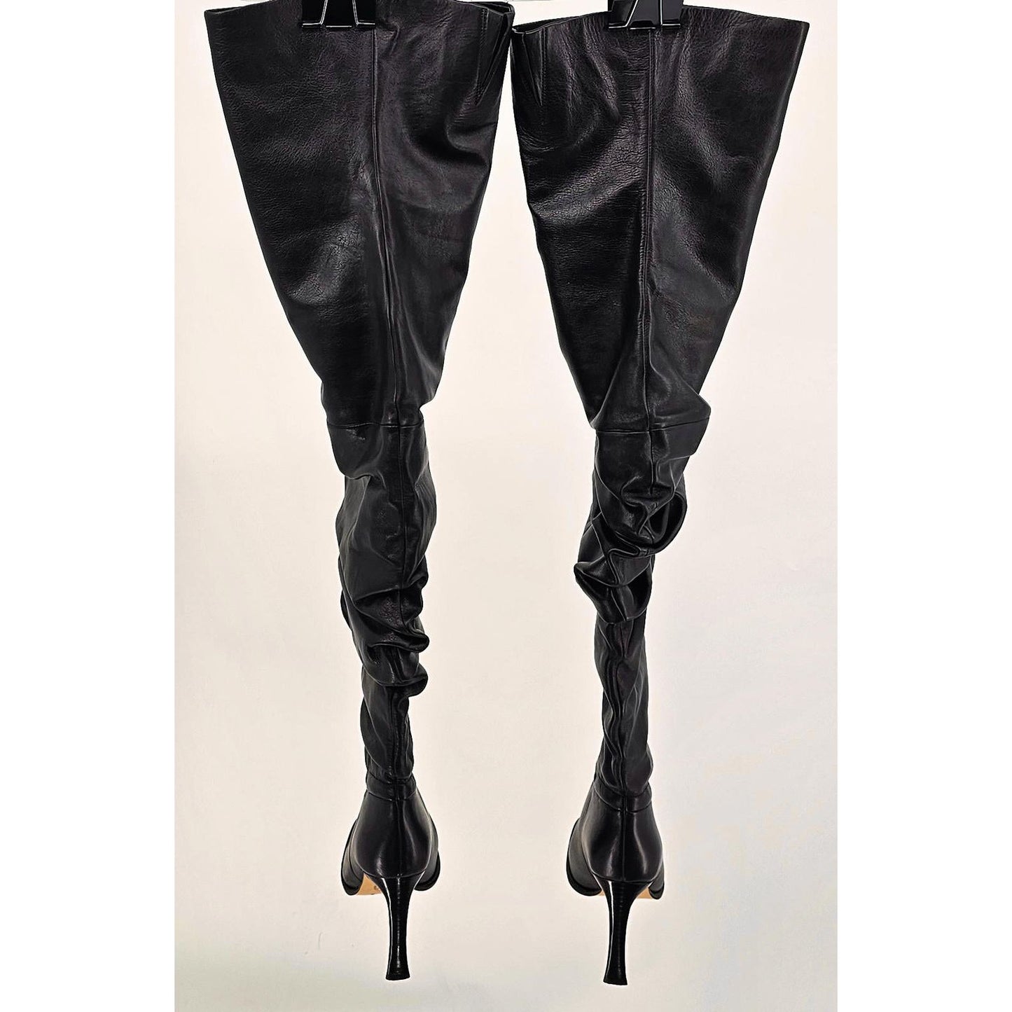 Michael Kors Sassy Black Over-the-Knee Ruched Leather Boots with Stiletto Heels