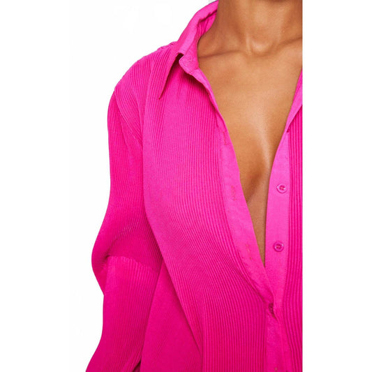 Prettylittlething Hit Pink Plisse Button Front Oversized Shirt/4