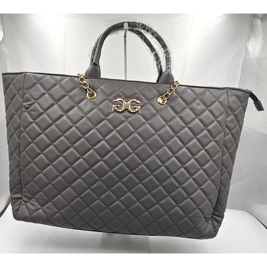 Gilda Paris Quilted Gray Tote Bag with Gold Chain Handles