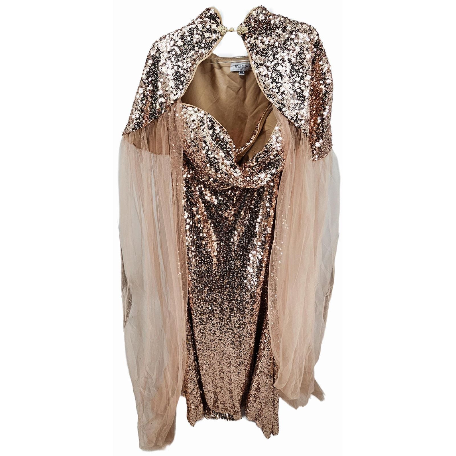 Faeriestyle Glamorous Rose Gold Sequin Evening Dress w/Sequined Sheer Cape/4XL