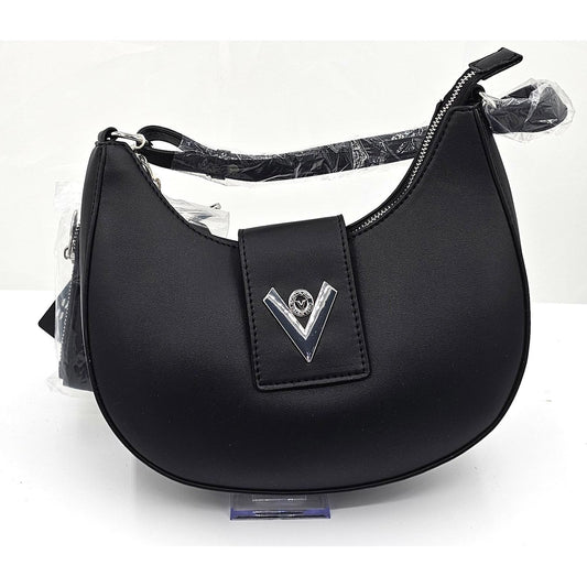 Valentino Orlandi Sleek Black Crescent Shoulder Bag with Chic Silver V Accent