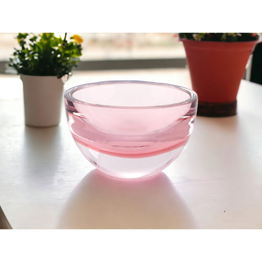 6" Pink Mouth Blown Crystal Thick Walled Bowl-0