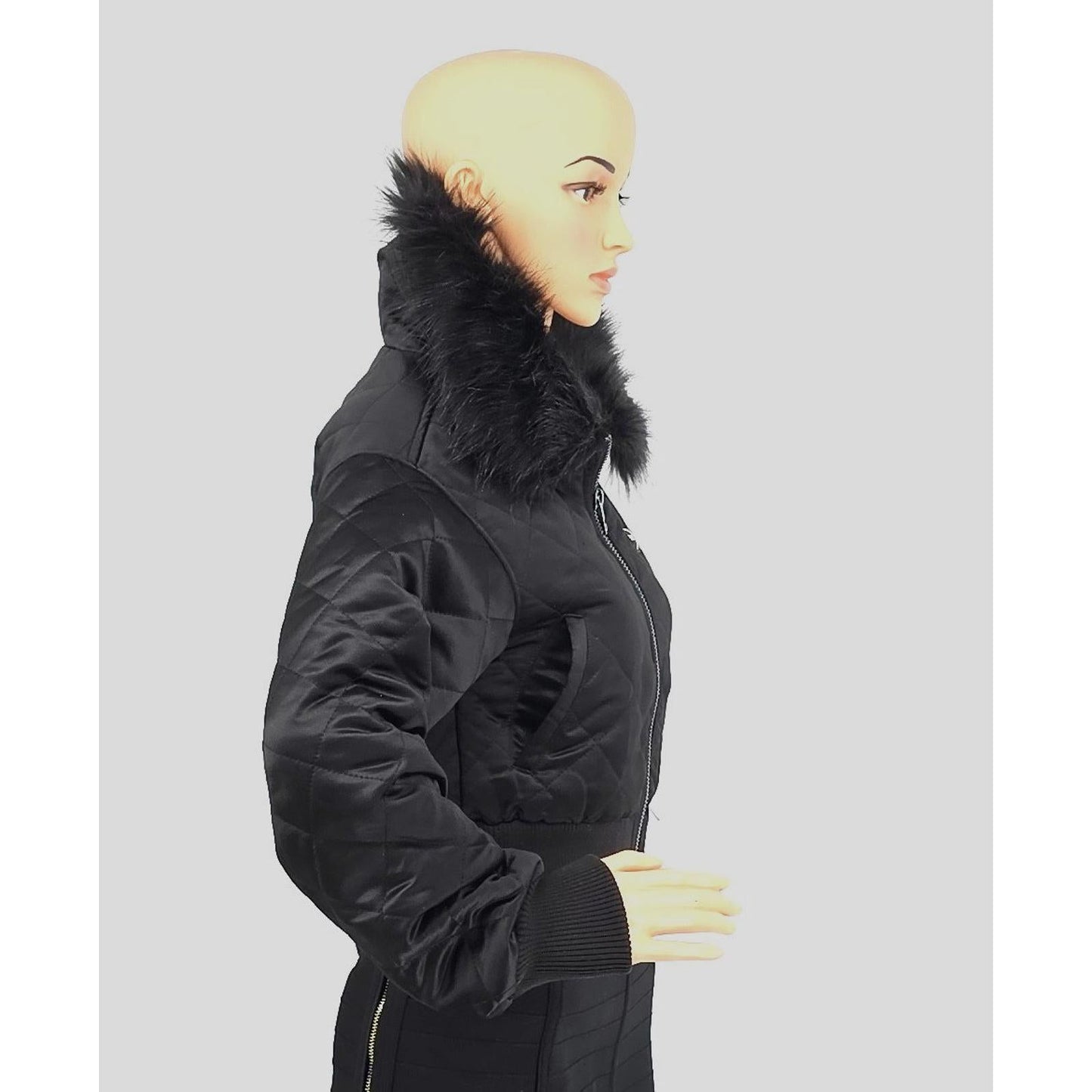 Juicy Couture Aviator Black Quilted Bomber Jacket with Faux Fur Collar/XS