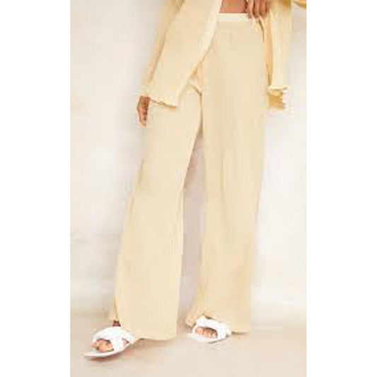 PrettyLittleThing Cream Plisse High Waisted Wide Leg Trousers/10