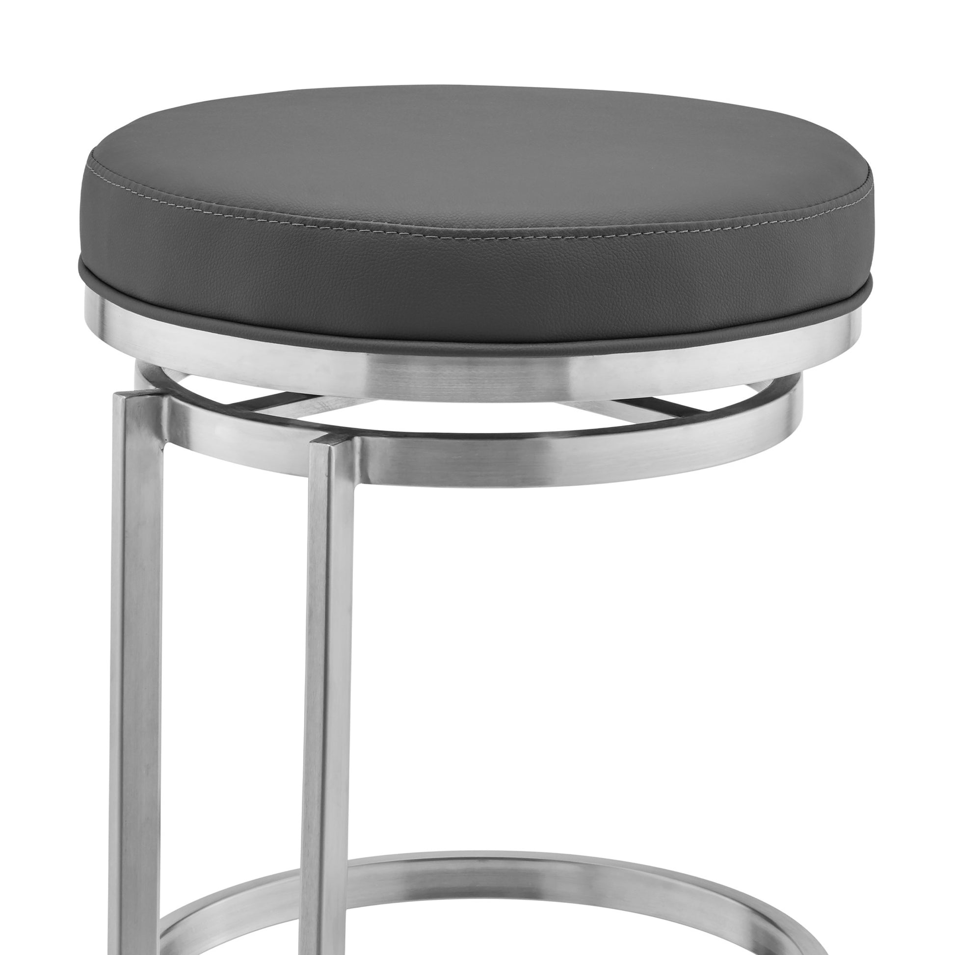 30" Gray And Silver Faux Leather And Iron Swivel Backless Bar Height Bar Chair-7