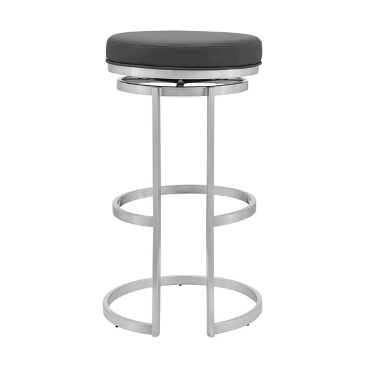 30" Gray And Silver Faux Leather And Iron Swivel Backless Bar Height Bar Chair-0