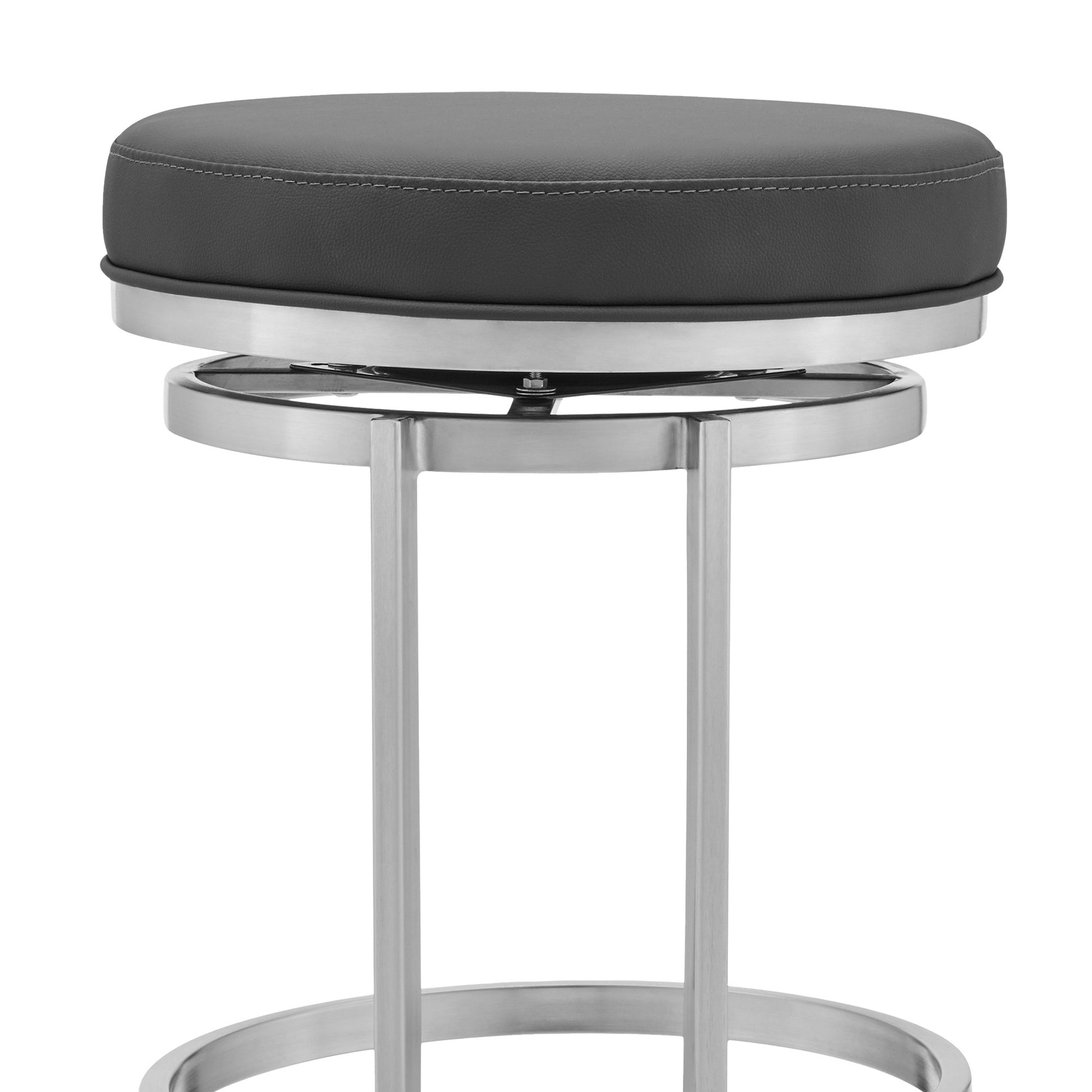 30" Gray And Silver Faux Leather And Iron Swivel Backless Bar Height Bar Chair-6