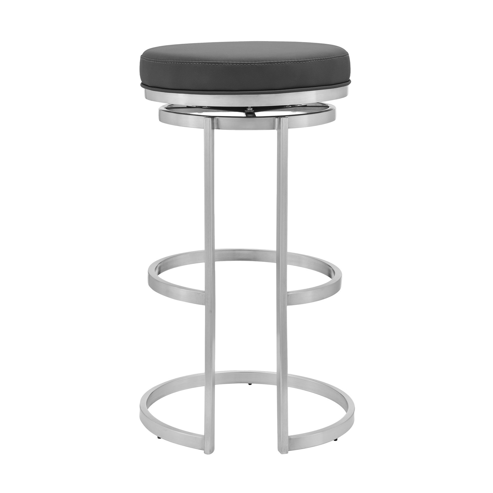 30" Gray And Silver Faux Leather And Iron Swivel Backless Bar Height Bar Chair-5