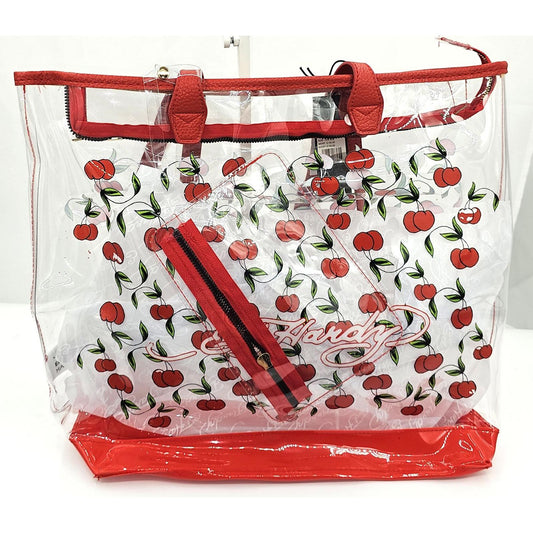 Ed Hardy Cherry Bomb Clear Tote Bag with Red Trim and Inner Pouch