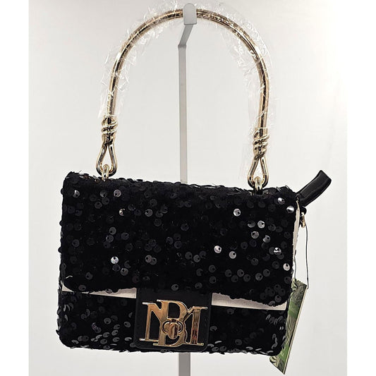Badgley Mischka Sparkly Black Sequin Shoulder Bag with Chic Gold Handle