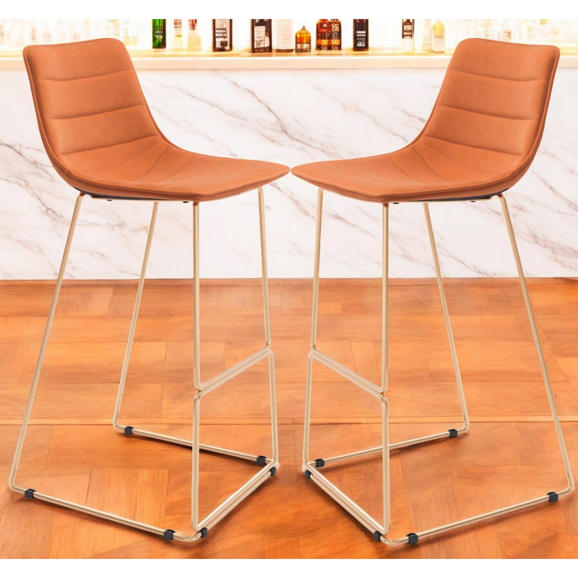 Set of Two 30" Orange And Gold Velvet And Steel Bar Height Bar Chairs-0