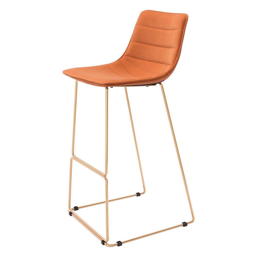 Set of Two 30" Orange And Gold Velvet And Steel Bar Height Bar Chairs-1