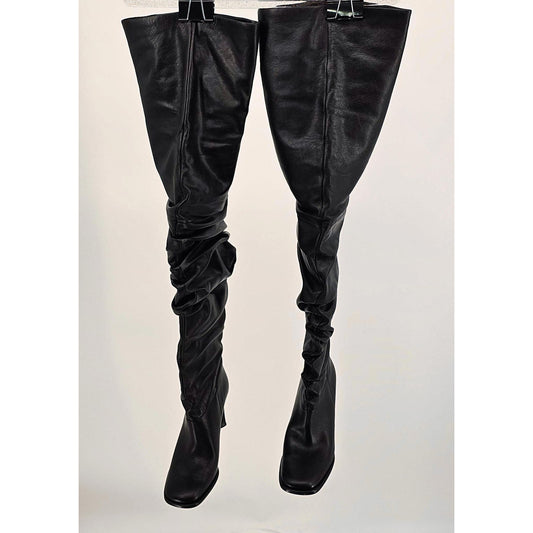 Michael Kors Sassy Black Over-the-Knee Ruched Leather Boots with Stiletto Heels