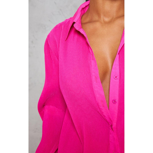 Prettylittlething Hit Pink Plisse Button Front Oversized Shirt/10